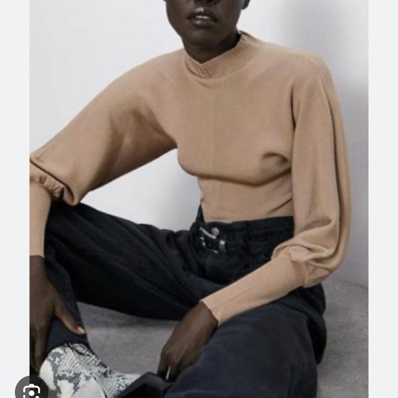 Zara Ribbed Balloon Sleeve Turtleneck Sweater in Bronze - Picture 3 of 4